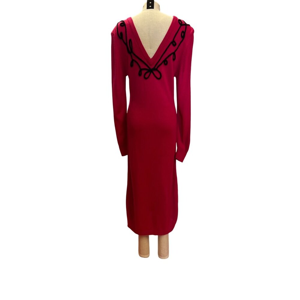 Vintage-Inspired Fuchsia Knit Midi Dress With Black Decorative Trim & V-Back
